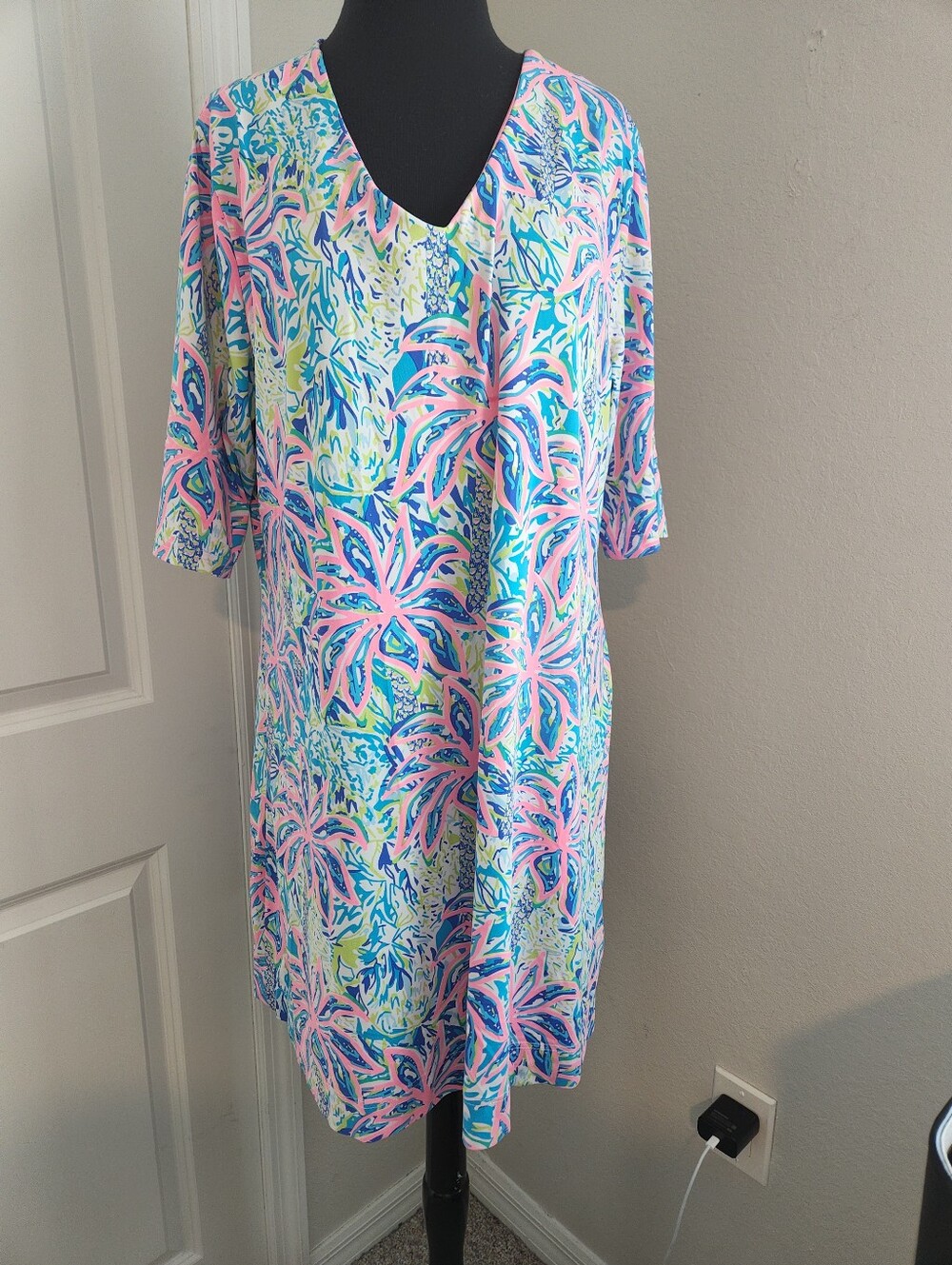 Lulu-B Pastel Floral V-Neck Midi Dress in Pink & Blue